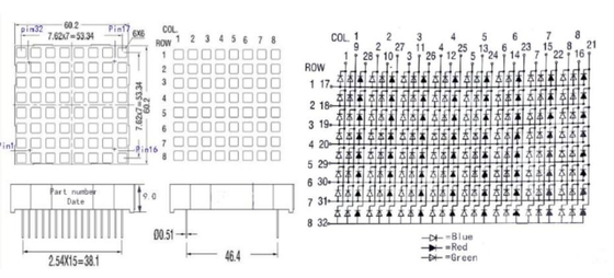 60X60mm Kare 8X8 Nokta RGB LED Matris Ekran Nokta Matris led