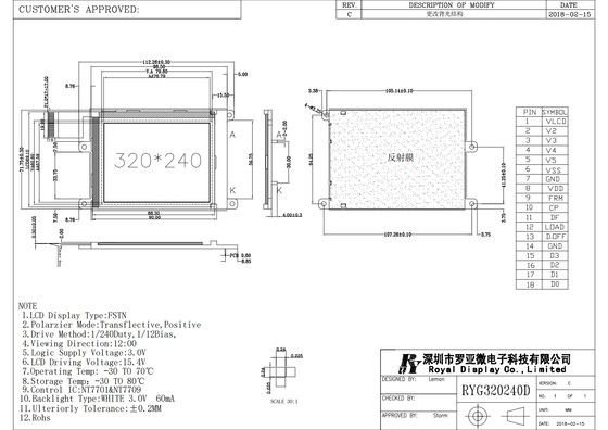 320*240 FSTN LCD Modülü Tek renkli Tıbbi Tarama için Pozitif