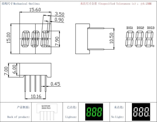 Ortak Katod 20mA zümrüt yeşil LED Modülü 3 basamaklı 7 segment ekranı
