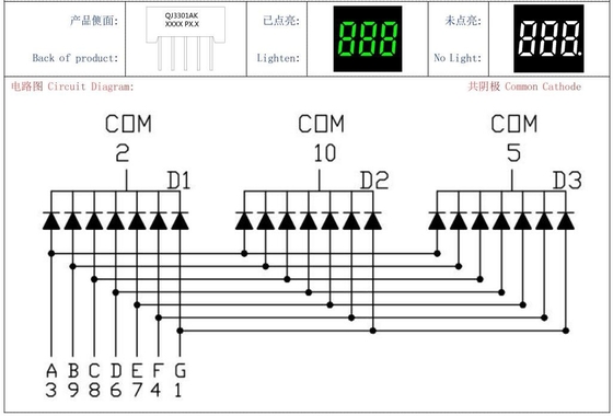 Ortak Katod 20mA zümrüt yeşil LED Modülü 3 basamaklı 7 segment ekranı