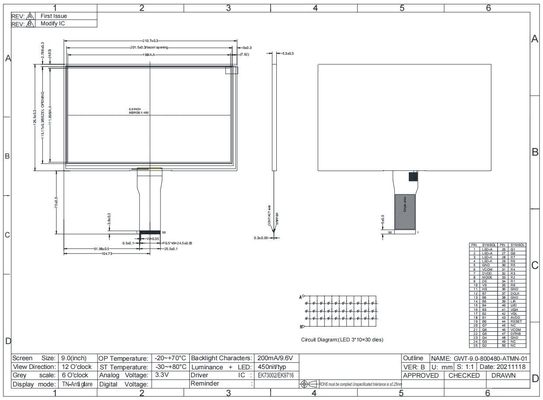 9.0''TFT LCD Modülü Geniş Sıcaklık 800*RGB*480 12H Transmissive Özel Ekran