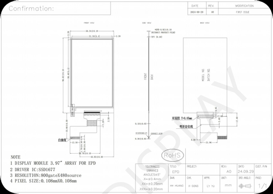 3.97' 4 renk 800*480 SSD1677 E-kağıt ekranı EPD