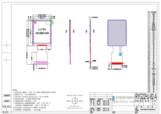 2.2 inç TFT LCD Modülü 240*320 RGB 2.8v Beyaz Geniş Sıcaklık Ekranı