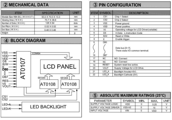 128 * 64 Grafik STN LCD Modülü AT0107 LED Arkaplan Işıklı Endüstriyel Ekranla Tek renkli
