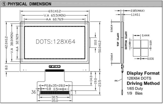 128 * 64 Grafik LCD Modülü FPC Arayüzü ST7565 3.3v Geniş Sıcaklıklı Endüstriyel Ekran