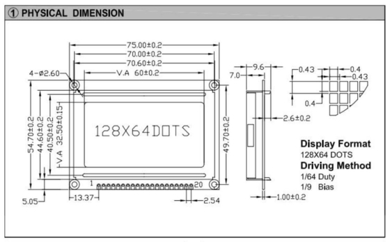128*64 Grafik LCD Modülü Renk İsteğe bağlı 20 PIN AT0107/AT0108 STN Geniş Sıcaklık Ekranı Endüstriyel Kullanım