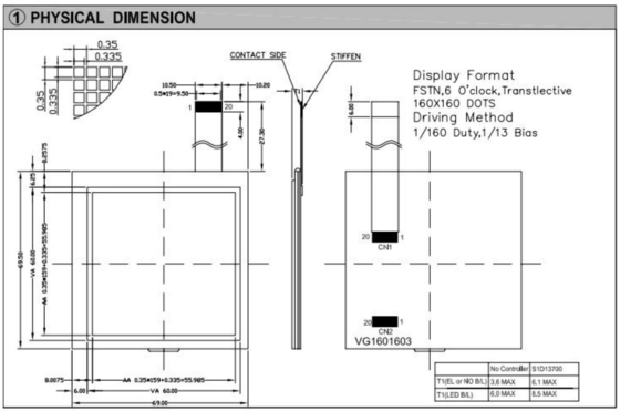 160*160 Grafik LCD Modülü FSTN 6H Arkaplan ışığı ile 60*60mm Kare Endüstriyel Ekran