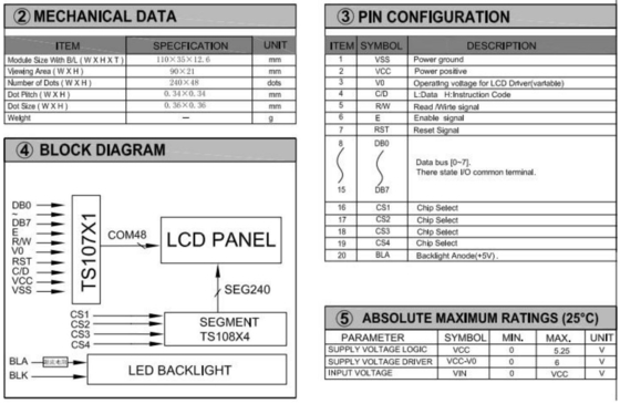 240*48 Grafik STN LCD Modülü PCB Standoffs Arkaplan Işığı TS107/TS108 Endüstriyel Ekran