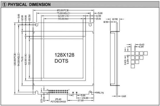 128*128 Grafik FSTN Tek renkli LCD Modülü AT0107 22 Pin Endüstriyel Ekran