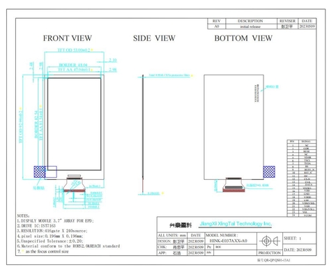3.7'' EPD 240*416 Elektronik raf etiket sistemi için 4 Renkli E-Kağıt Ekranı