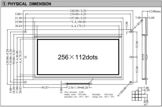 256*112 Grafik LCD Modülü 12H STN Mavi Geniş Sıcaklık Endüstriyel Ekran