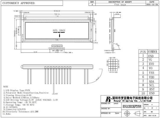 128*32 FSTN grafik transflektif pozitif 6H ST7567A süper geniş sıcaklıklı endüstriyel ekran 10 pin
