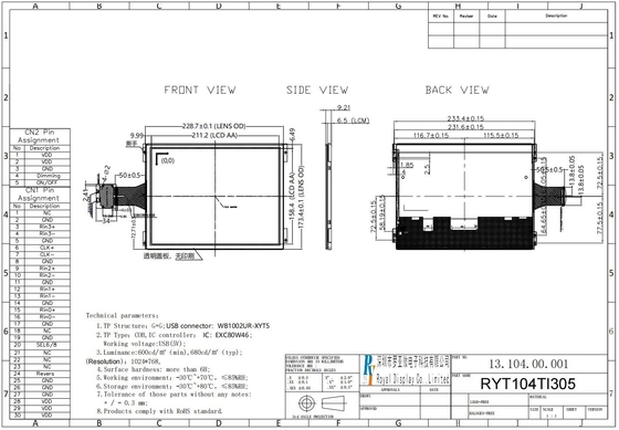 10.4''' TFT 1024*RGB*768 geniş sıcaklıklı dokunmatik LCD modülü