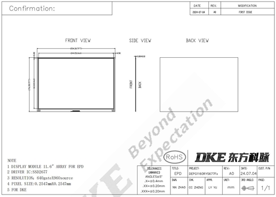 11.6' 4 renk 960*640 TFT MCU yüksek kontrastlı arayüz E-kağıt ekranı EPD