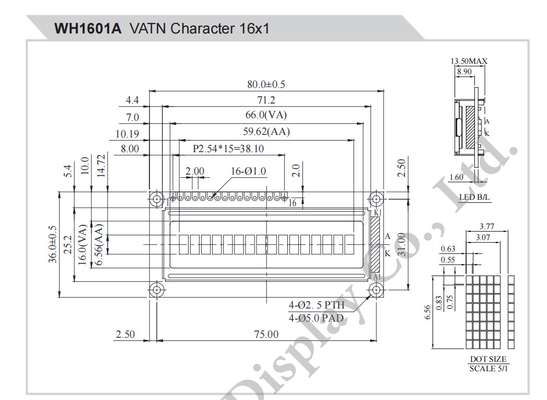 16*1 Karakter Monochrome SPI Arayüzü Geniş Sıcaklık VATN LCD Modülü