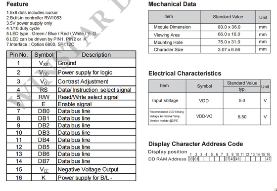 16*1 Karakter Monochrome SPI Arayüzü Geniş Sıcaklık VATN LCD Modülü