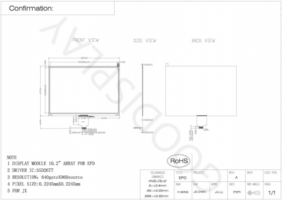 10.2'4 Renk 640*960 E-kağıt Ekran SSD2677 EPD tabanlı
