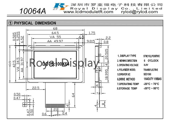 100X64 STN Grafik LCD Modül 8.8V Monokrom COB FSTN Pozitif